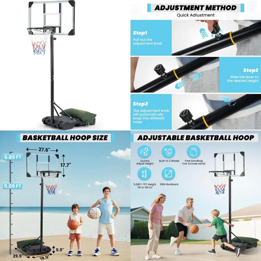 휴대용 야외 농구대, 28인치 백보드, 높이 조절 가능(5.8~7피트), 안정성을 위한 샌드백 포함