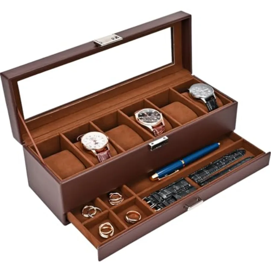 

Watch Box, Fathers Day Gift for Dad, 6 Slot Watches Display Case with Drawer, Mens Watch Case with Glass Lid, 2-Layer Mens Jewe