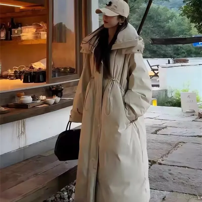New Women's Long Down Cotton Jacket Drawstring Hooded ParkasThick Warm Outwear 2025 Winter Long Sleeves Cotton Coat