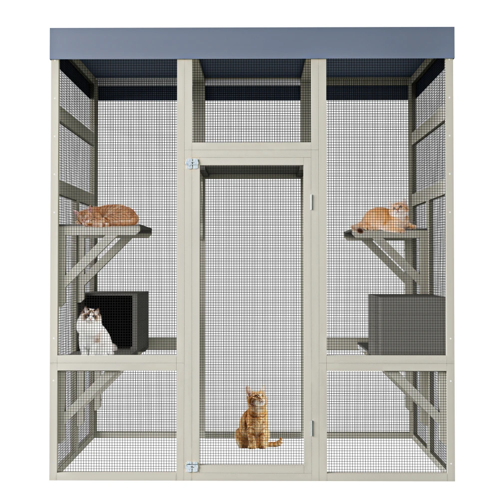 

62.6" Outdoor Wooden Catio for Cats, Large Cat Enclosure with Waterproof Roof, 2 Cat Houses & Platforms, Secure Rust-Proof