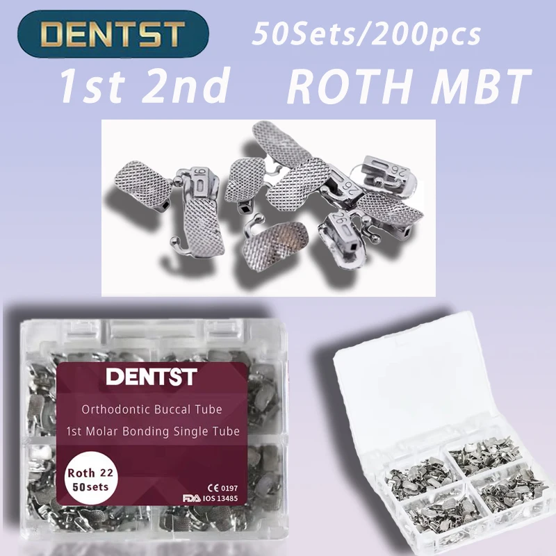 

50Sets/200pcs Orthodontics Dental 1st 2nd Molar Bondable Buccal Tubes Non-Convertible Mesh Base Single Tube Roth MBT 0.022