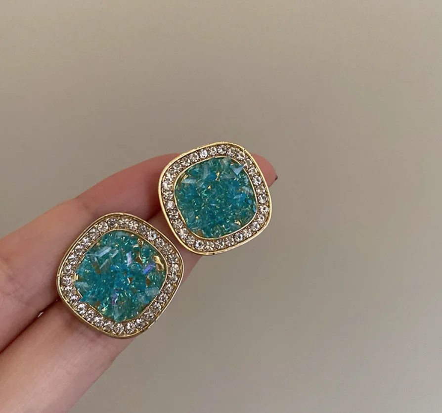 S925 silver needle copper gold plated square Retro Blue Crystal Earrings for women Fashion Jewelry