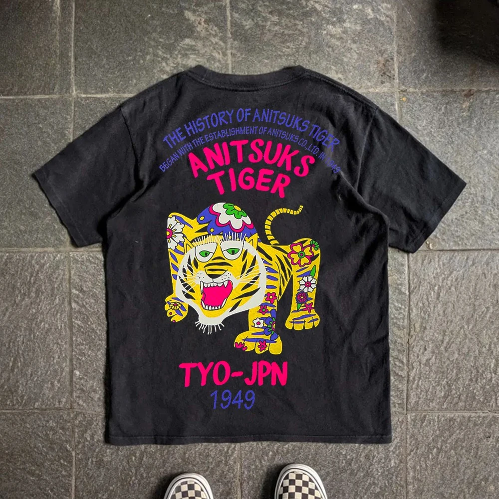 2026 Japanese Style Floral Tiger Back Print T‑Shirt Unisex Colorful Animal Text Graphic Casual Cotton Short Sleeve Basic Tee