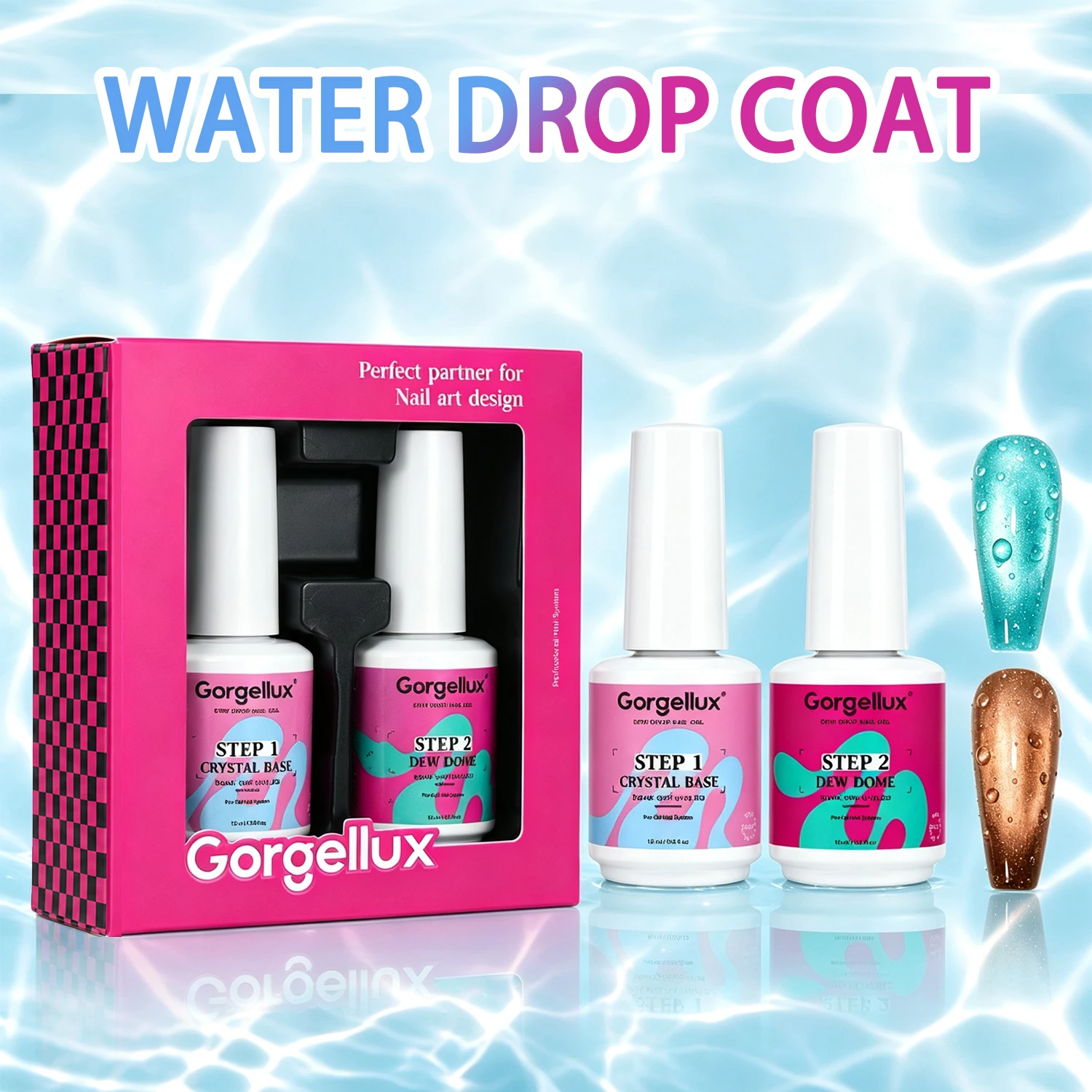 Nailpo Water Drop Top Coat HEMA/TPO Free No Wipe Self Leveling 5 Second Cure Long Wear 15ml Perfect for 3D Effect Quality 1set