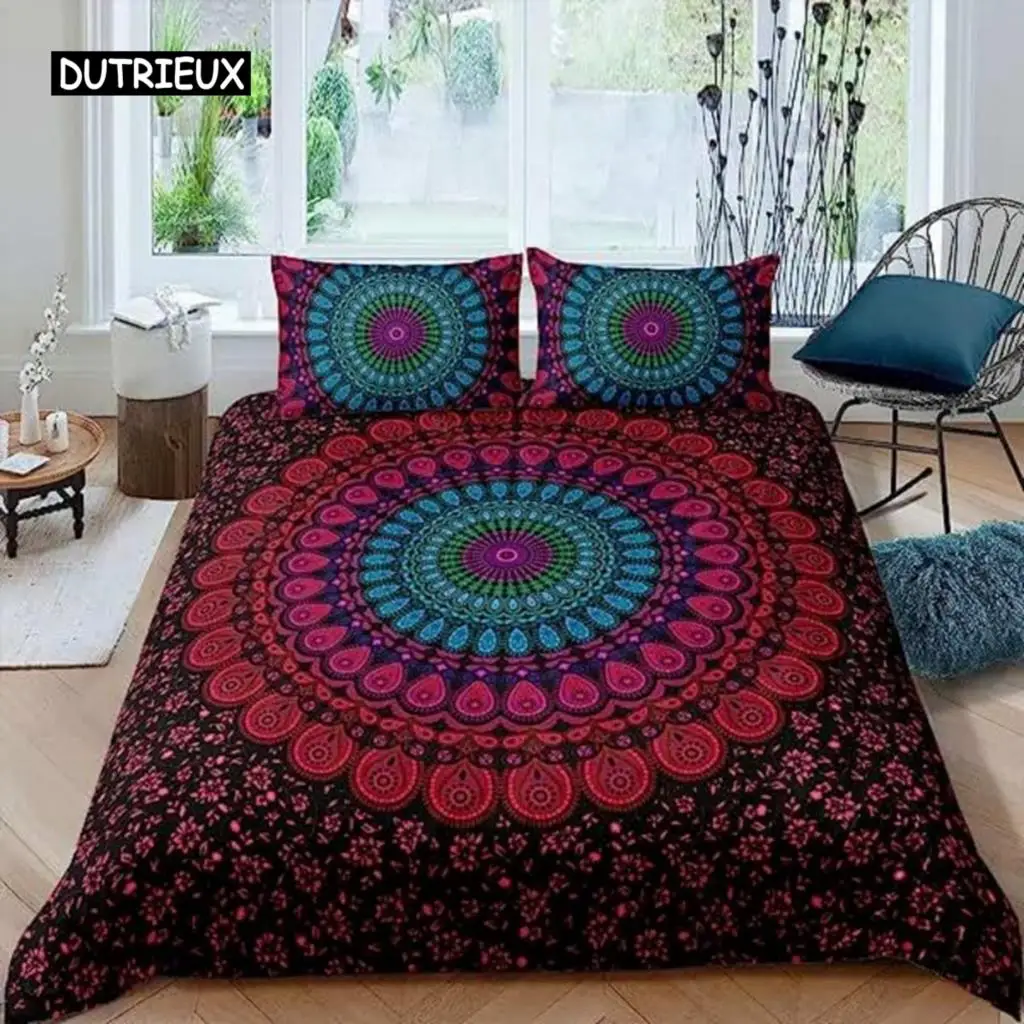 Duvet Cover Mandala Boho Chic Hippie Duvet Cover For Decor Comforter Cover Luxury Microfiber Red Purple And Teal Mandala Floral