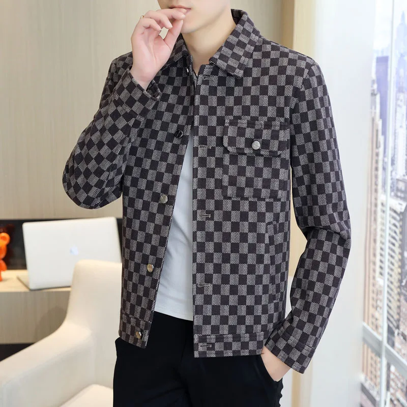 

Men's ort Woolen Coat Autumn Winter Plaid Jaet Busin Casual Sle Thiened Korean Version Faionable Top