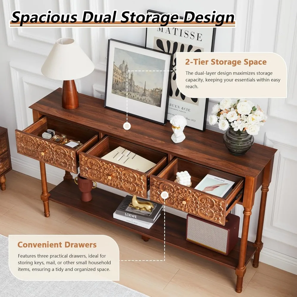 Meja Konsol 3 Laci Gaya Mid-Century Modern dengan Permukaan Mengkilap Bermotif Bunga dan Kaki Kayu Solid, Meja Sofa 2 Tingkat untuk Ruang Tamu