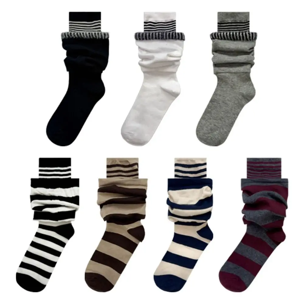 Fashion Fake Two Piece Cotton Socks Loose Warm Mid Calf Socks Plush Edge Mid Tube Ruffle Stripe Stocking Winter