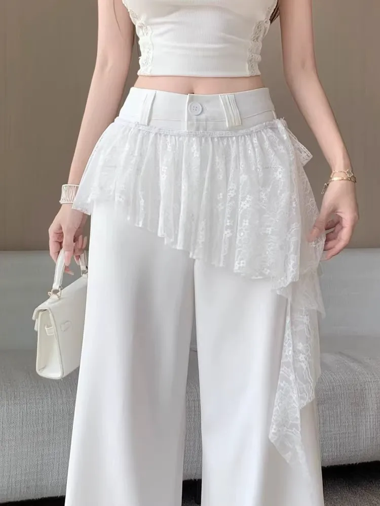 Trousers Irregular Lace Trim Patchwork Wide Leg Suit Women Summer Thin Designer High Waist Draping Floor Length Neat Pants