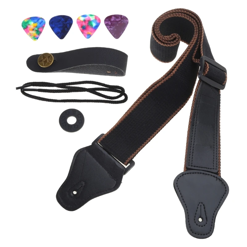 Acoustic Electric Guitar Straps with Pick Pocket Cotton Woven Shoulder Strap Leather Ends Guitar Straps for Guitarists