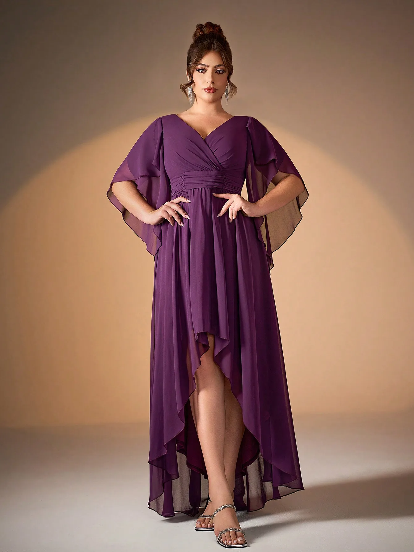 Mgiacyvネックパールシフォンイレギュラースリーブ、フロントが短く、バックが長い裾のハイエンドイブニングドレス