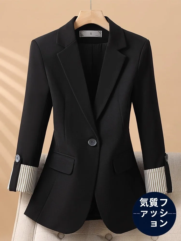 Black Suit Jacket Women's Casual Commute Style Fashionable Elegant Lady Small Size Commute Wind Polyester Long Sleeve Button