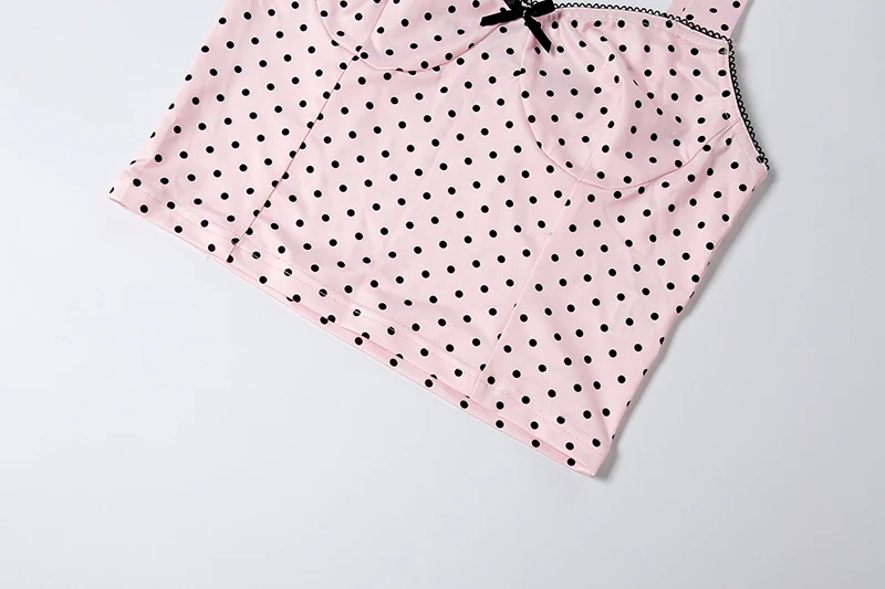 Weird Puss Polka Dot Patchwork 2-teiliges Set für Damen, Schleife, tief ausgeschnittenes, rückenfreies Crop-Top + lange Hose mit Knopfverzierung, eleganter Stil – Detail 9