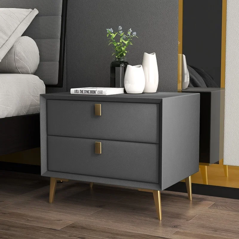 

Modern Wooden Bedroom Side Table Faux Leather Nightstands with 2 Drawers Side Storage Cabinet Hotel End Table