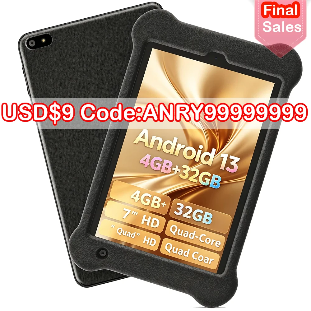 7 Inch Kids Tablet Android 13 4GB RAM 32GB ROM 1024*600 IPS Display Quad Core 3500mAh Battery 2.4G+5G WiFi Shockproof Case