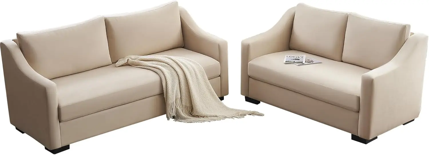 AMERLIFE Sofá, cómodo sofá con reposabrazos inclinados, juego de 2 piezas de sofá con asiento extra profundo, beige