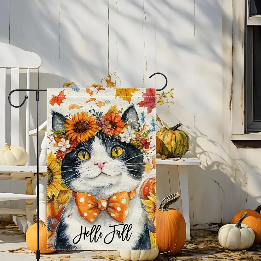 مرحبا الخريف حديقة العلم القط حديقة أعلام 12x18 بوصة مزدوجة الوجهين الخيش الصغيرة الخريف منقطة Bowknot ديكور خارج ساحة La HZZ