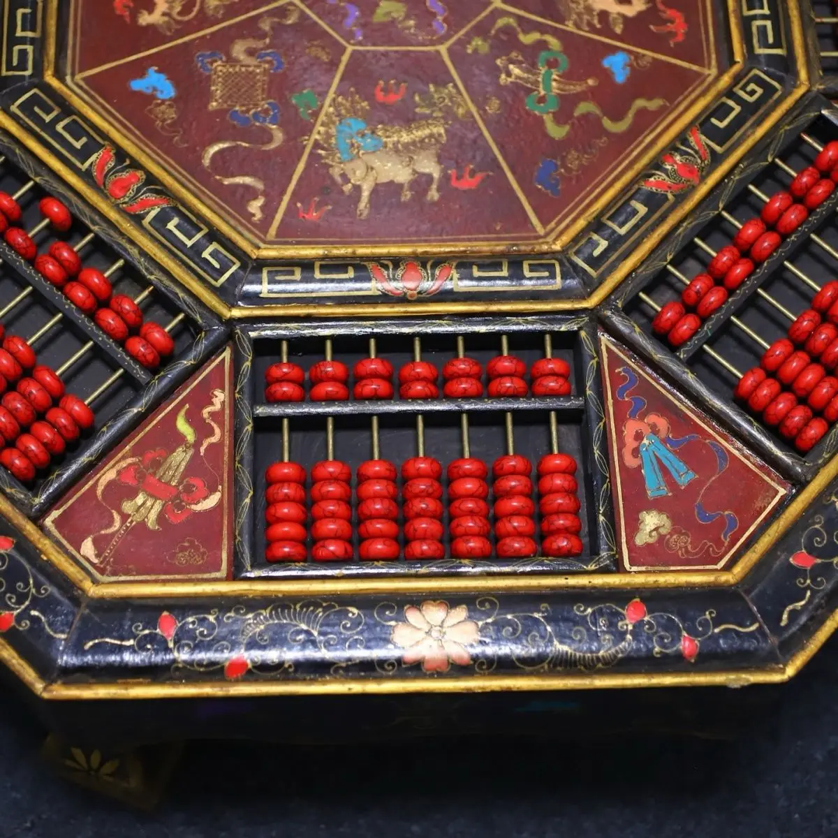 Old Tibetan wooden tire lacquer ware, auspicious beast eight treasures, octagonal abacus table abacus