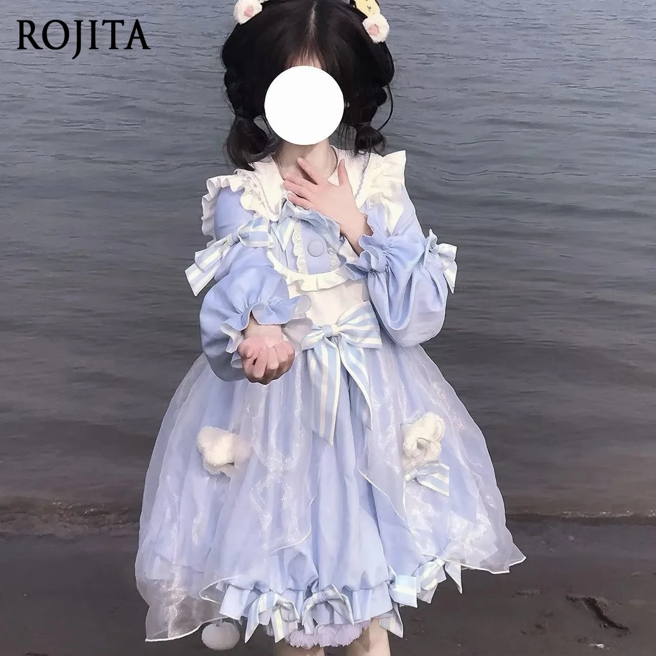 

Japanese Style Lolita Pink Dress Sweet Little Bear Blue Long Sleeve OP Dress Autumn Soft Girl Cute Doll Collar A-line Dress