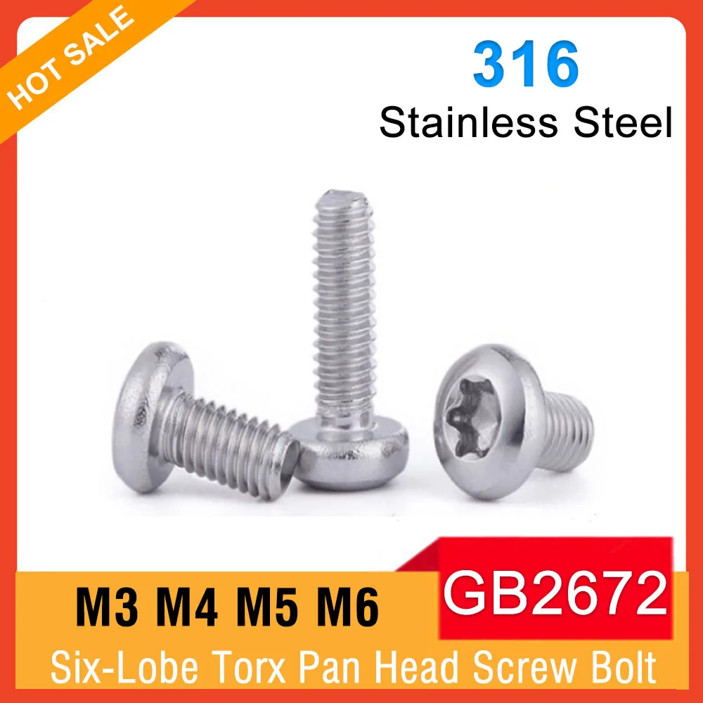 

20-100pcs M3 M4 M5 M6 GB2672 A4 316 Stainless Steel Six-Lobe Torx Pan Six Lobe Round Head Bolt Screw Length=6-25mm