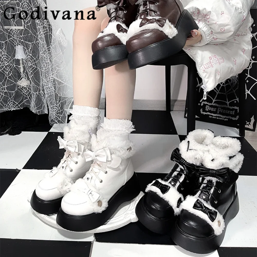 

Winter Velvet Thickened Platform Shoes Lolita Snow Boots Cute Round Head Waterproof Black Kawaii Women Boot