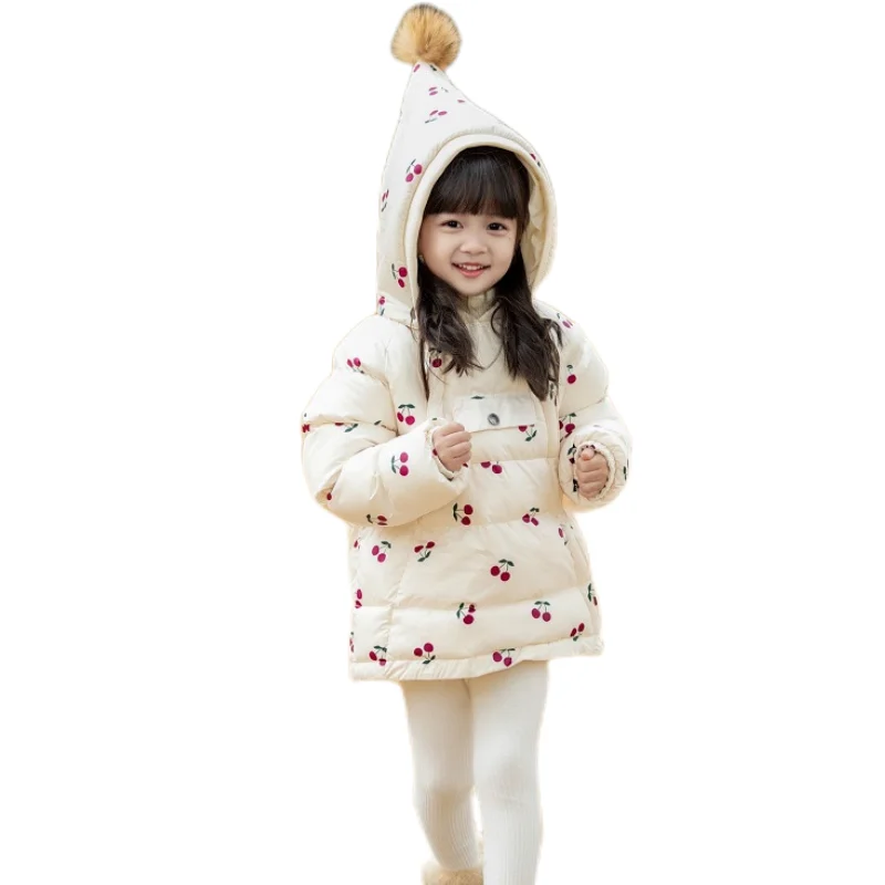Girls Coat Jacket Cotton Windproof Outwear 2023 Cherry Warm Thicken Velvet Winter Skiwear Children\'s Clothing