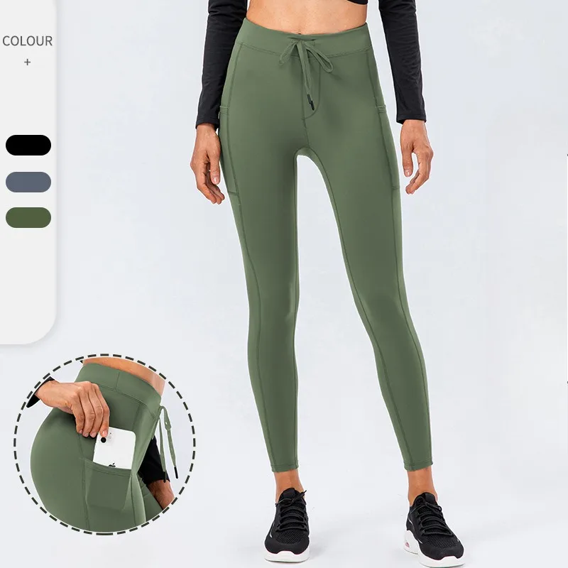 Yuerlian, nuevos pantalones deportivos para gimnasio, pantalones de Yoga para mujer, Color sólido, cuerda para dibujar, bolsillo en la cadera, pantalones deportivos ajustados transpirables para correr y Fitness