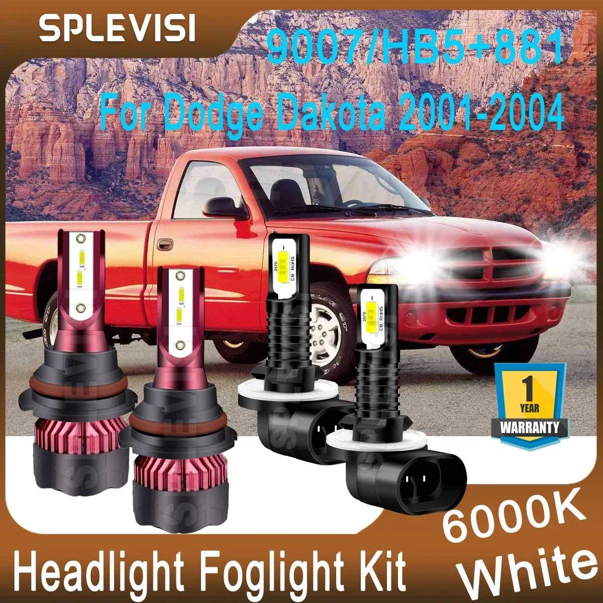 

LED Car Lights Replace 6000K Whtie For Dodge Dakota 2001 2002 2003 2004 LED Headlight High Low Beam 9007/HB5 Foglight 881