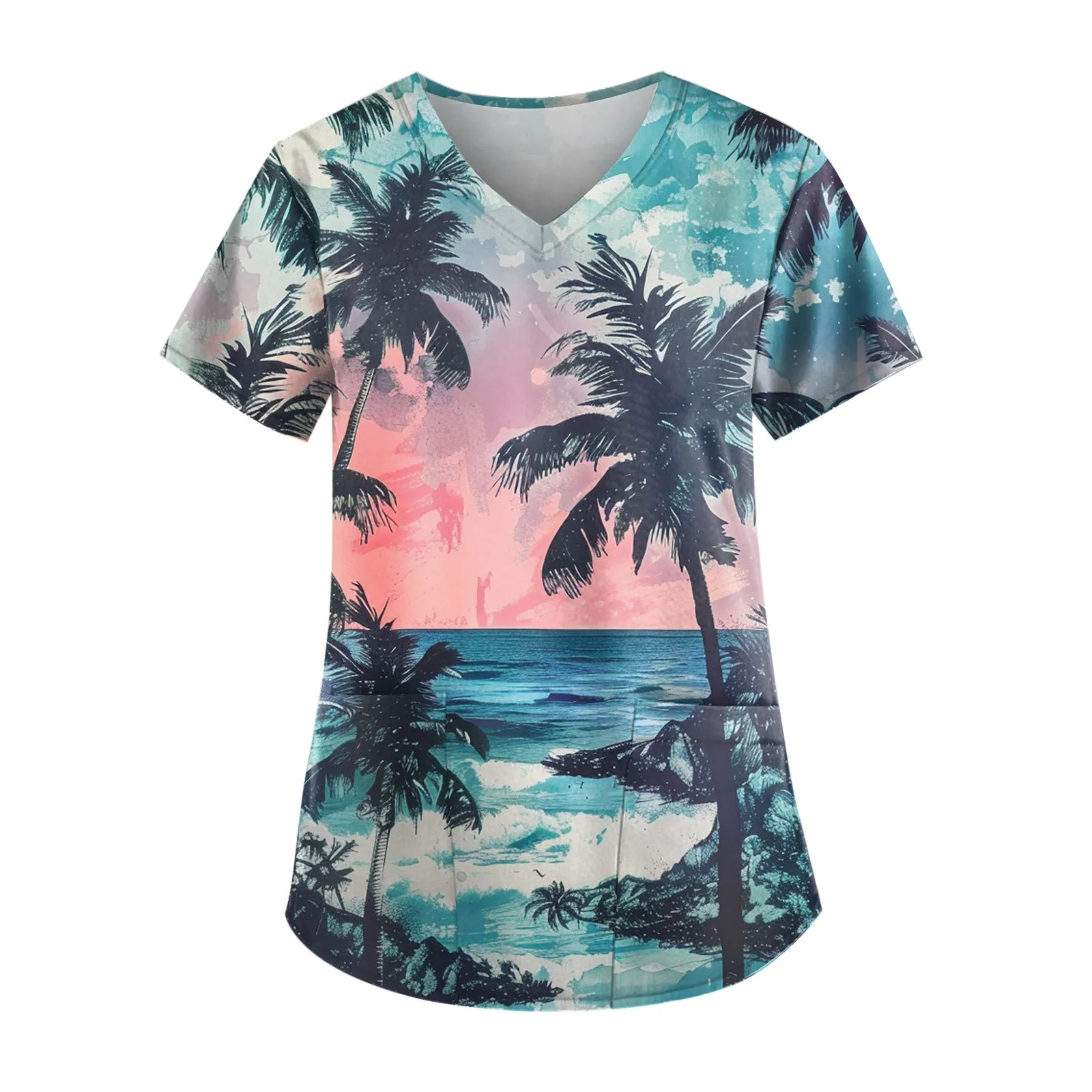 Nurse Uniform Women Summer Short Sleeve V Neck Tops Work Uniform Hawaii Beach Print Pocket Shirt Overalls Nurse Uniform