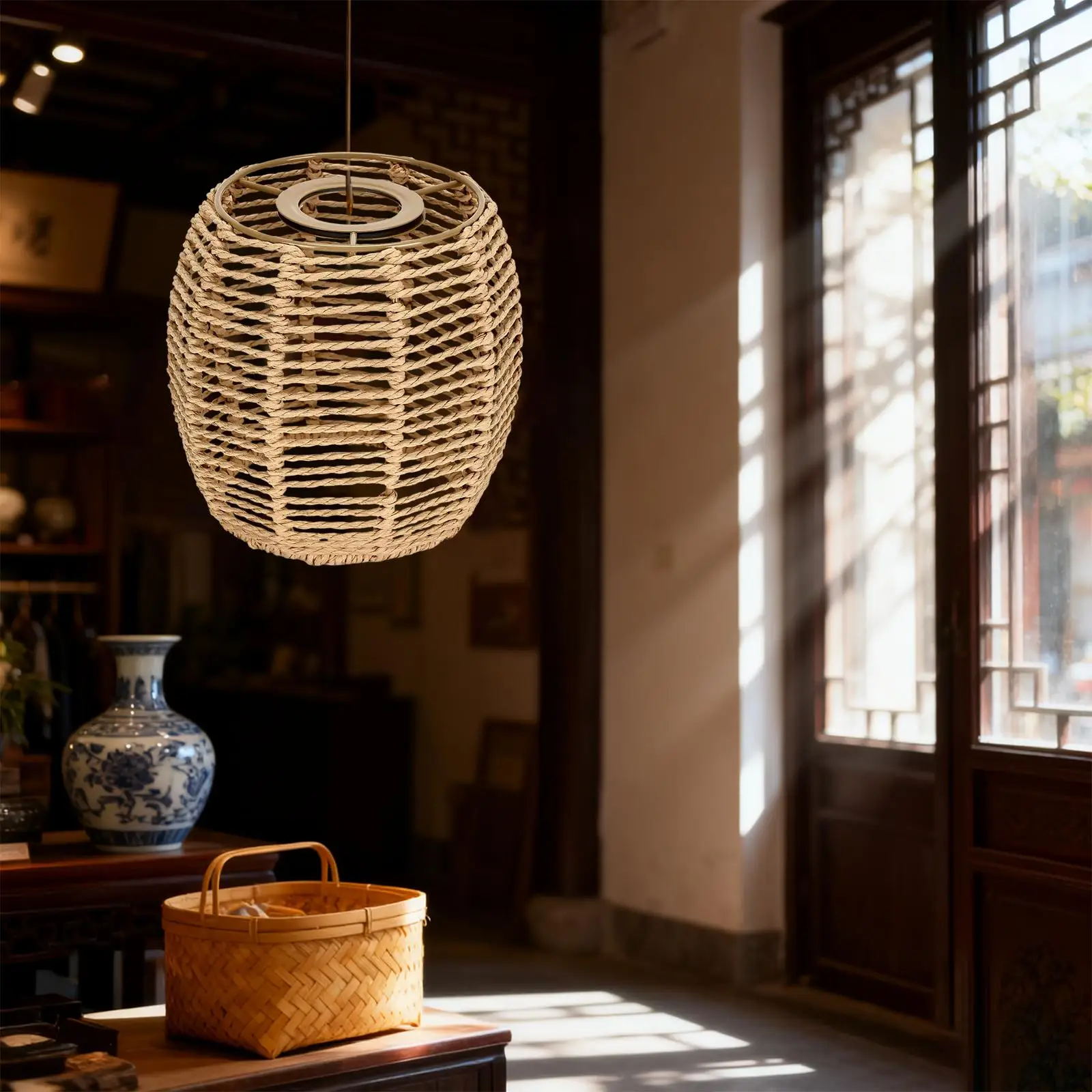 Woven Lampshade Hanging Lamp Shade Natural Paper Rattan Light Cover Eye Friendly Lighting for Living Spaces