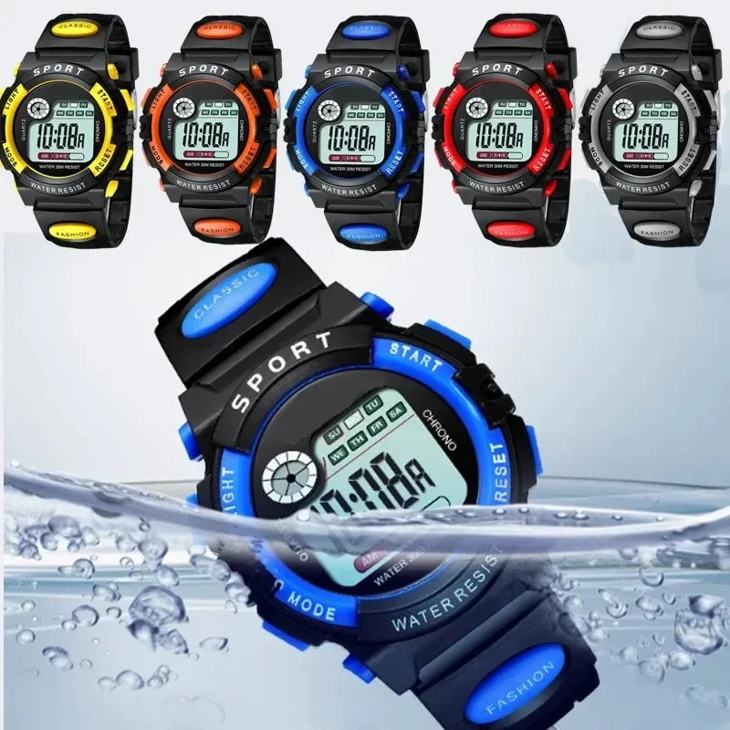 ساعة رقمية للأطفال بإضاءة ملونة، شاشة LED رياضية مضيئة مقاومة للماء، حزام من السيليكون، ساعة توقيت بتقويم للطلاب يوميًا