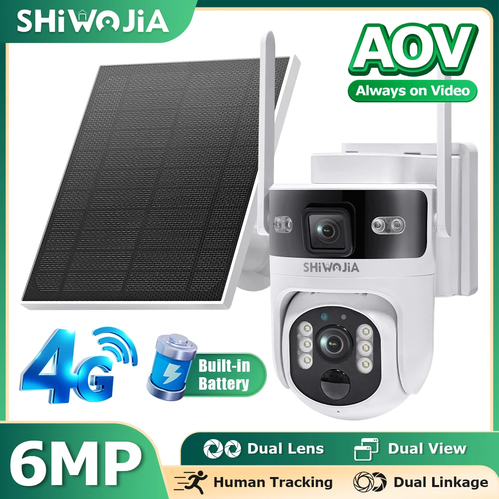 SHIWOJIA 4G/WIFI 6MP Security Network AOV Camera Dual Lens Solar Powered Battery CCTV Alarm Human PIR Detection IP Camera