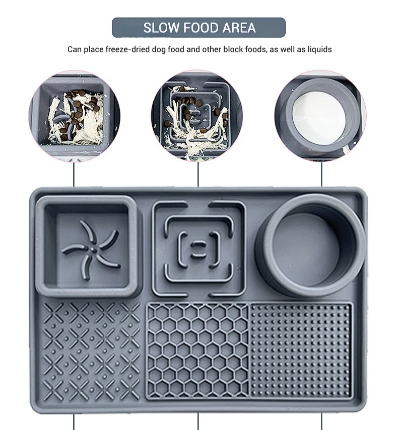 Square Silicone Dog Slow Feeder Bowl with Suction Base for Dogs and Cats Separate Wet and Dry Food Design Non Slip Mess Free