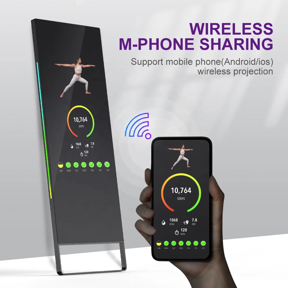 شاشة 32 بوصة 43 بوصة تعمل باللمس مرايا اللياقة البدنية السحرية الذكية التفاعلية لتطبيقات الصالة الرياضية واللياقة البدنية