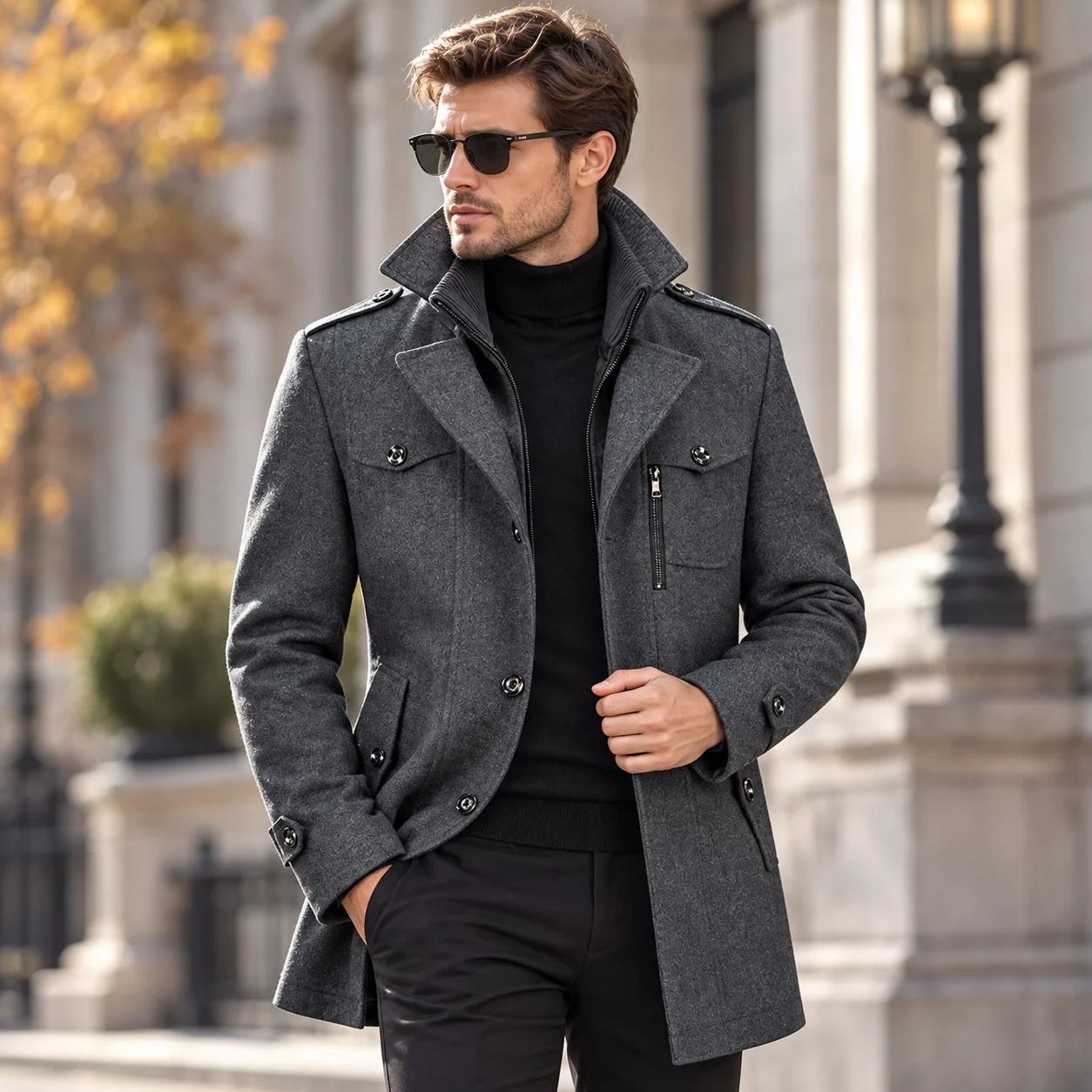 Double Collar Coat Belt Loose Fit Light Business with Single Breasted Business Gentleman Coat Winter Jacket Pocket Men Jacket