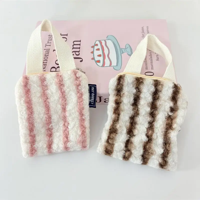 Borsa da polso portatile a righe in peluche stile semplice Portamonete Borsa leggera con cerniera ad alta capacità Borsa per cosmetici per ragazza