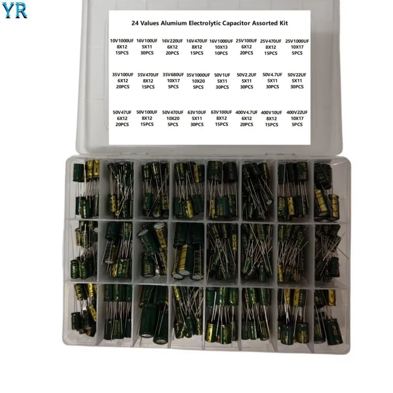 Kit de condensadores electrolíticos de aluminio, 420 piezas, 24 valores, 10V ~ 400V, 1uF ~ 1000uF, surtido de cajas