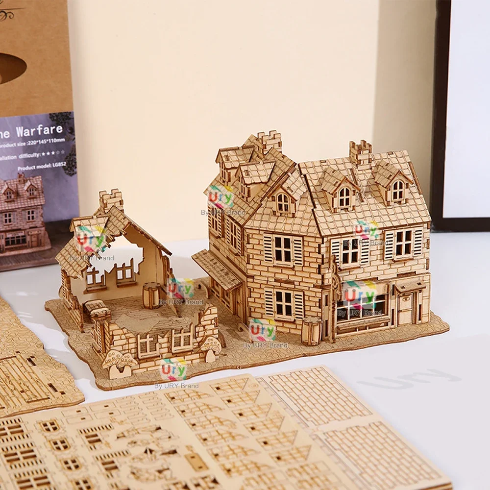 3D Holz Puzzle WW2 Krieg Stadt Nachkriegszeit Handgemachte Mechanische Montage Haus Modell DIY Kits Spielzeug Schreibtisch Dekoration Geschenke Für Kinder