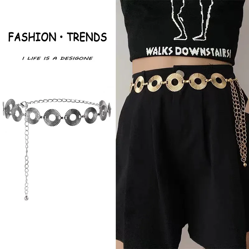 Vintage Retro Sequin Metallic Waist Chain Belt For Women Round Shiny Hip Chain Body Jewelry Boho Style For Skirt And Pants