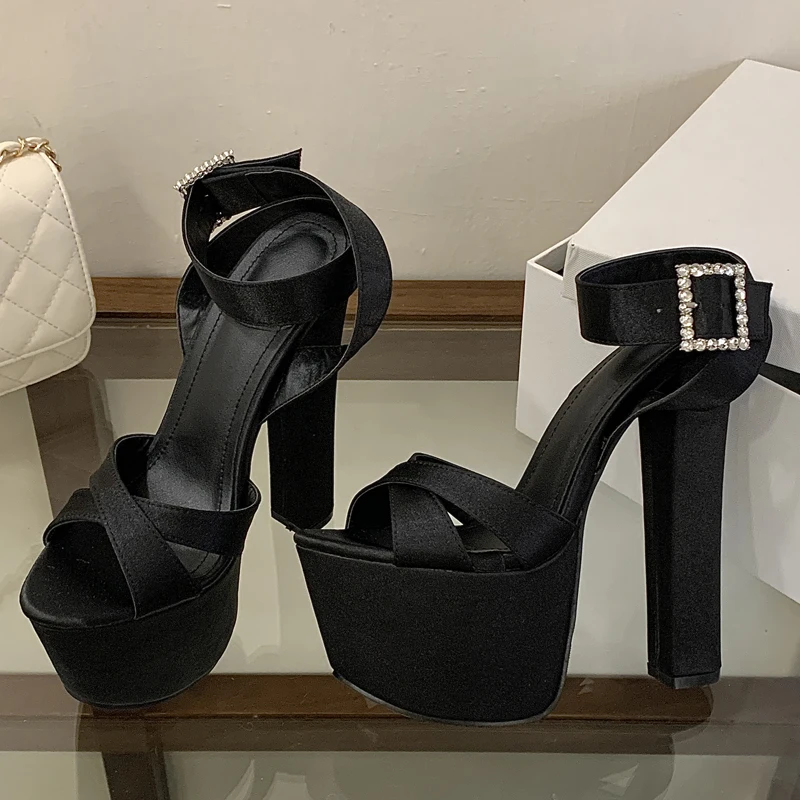 Eilyken New Summer Solid Platform Square High Heels Women Sandals Fashion Crystal Buckle Strap Open Toe Party Shoes view 3