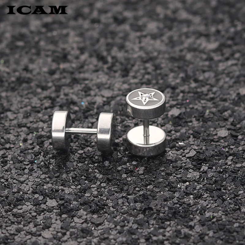 ICAM Punk Style Medical Titanium Stainless Steel Earrings Women Men\'s Barbell Dumbbell Punk Gothic Stud Piercing Earring For Men
