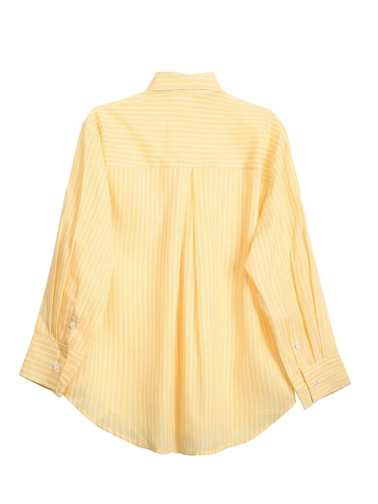 2024 summer new women\'s clothing fashion simple lazy style all-match yellow casual long-sleeved striped loose shirt