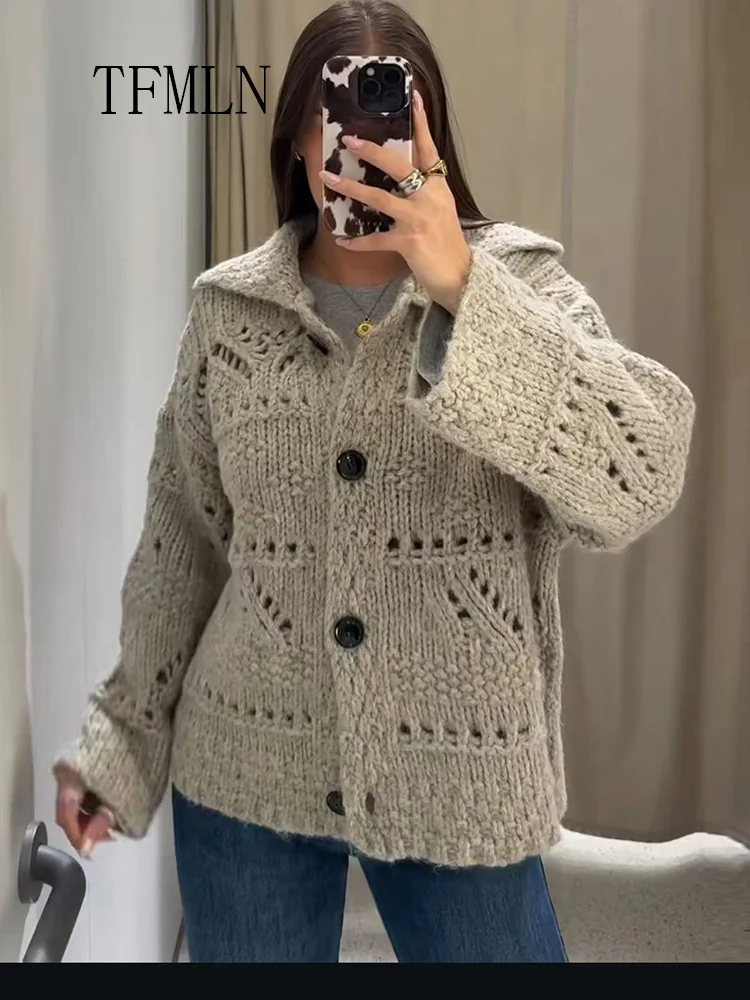 

Oversize Women Hollow Out Knitted Sweaters 2025 Autumn Lapel Single Breasted Thick Loose Overall Fashion Causal Long Sleeve Coat