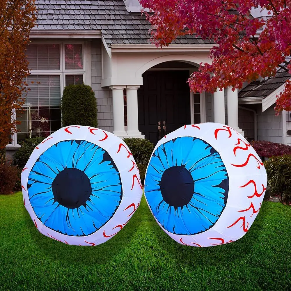 Halloween Inflatables Blue Bloodshot Eyeballs Blow Up Yard Decoration Clearance with LED Lights Built-in for Holiday Party Toys