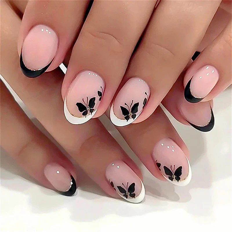 

Chic Black Butterfly White French Arc Insect Nail Art Ins False Nails Detachable Finished Fake Nails Press on Nails with Glue