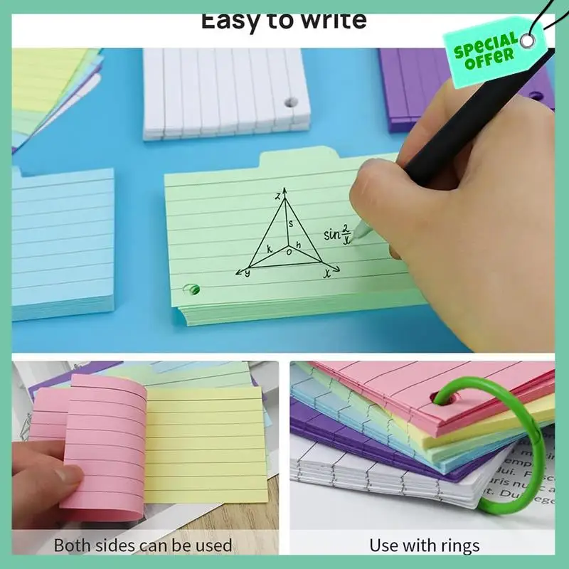 بطاقات فهرس A95Q-300، بطاقات فهرس مسطرة مقاس 3 بوصة × 5 بوصة مع حلقة، بطاقات فلاش مبطنة ملونة، بطاقات ملاحظات على كلا الجانبين