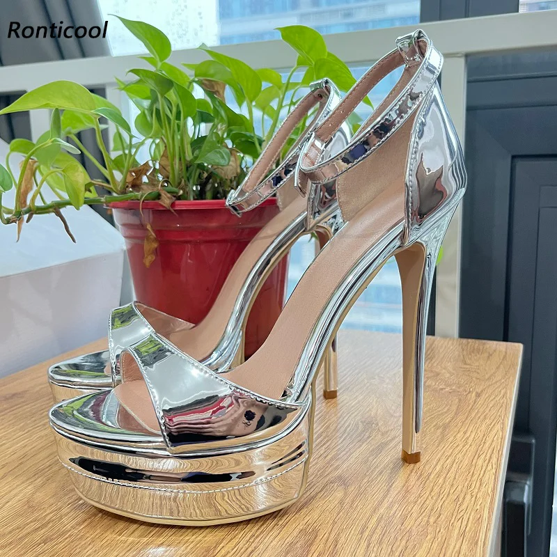 

Ronticool Handmade Women Summer Sandals Stiletto Heels Peep Toe Gorgeous Silver Party Shoes Ladies US Plus Size 5-20
