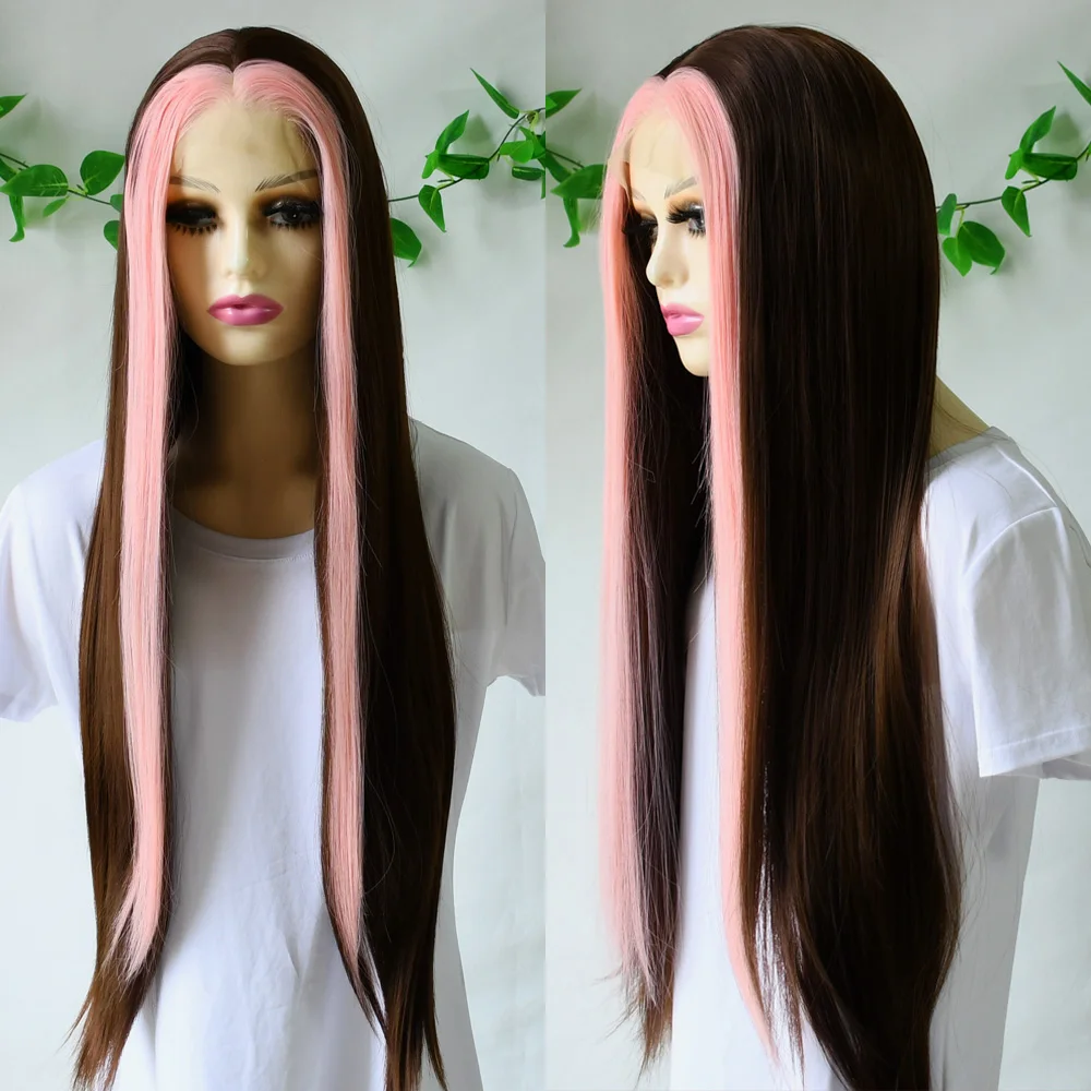 البني تسليط الضوء على الوردي 13x4 العظام مستقيم الدانتيل الجبهة الباروكات HD قبل قطعها غلويليس مقاومة للحرارة الاصطناعية الدانتيل شعر مستعار أمامي #3