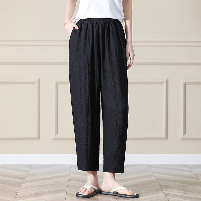 Women's Cotton Linen Harem Pants Summer Loose Thin Elastic Waist Wide Leg Casual Pants Artistic Versatile High Waist Nine Points