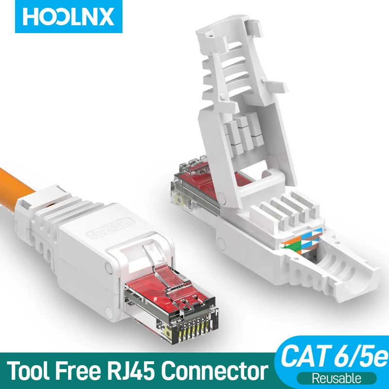 Alat Hoolnx Gratis Konektor RJ45, Steker Modular CAT6 Tanpa Alat Crimp Colokan Penghentian Dapat Digunakan Kembali untuk Kabel Ethernet 23AWG Hingga 26AWG